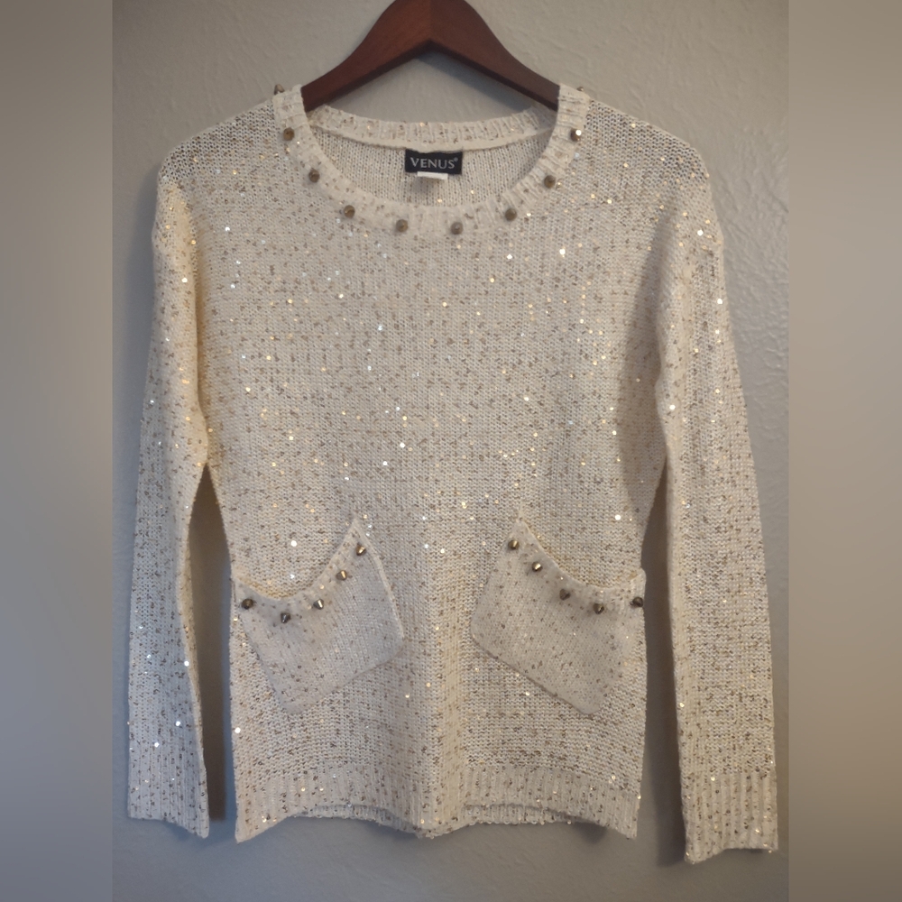 VENUS Women's Ivory Gold Sequin Studded Knit Sweater Top